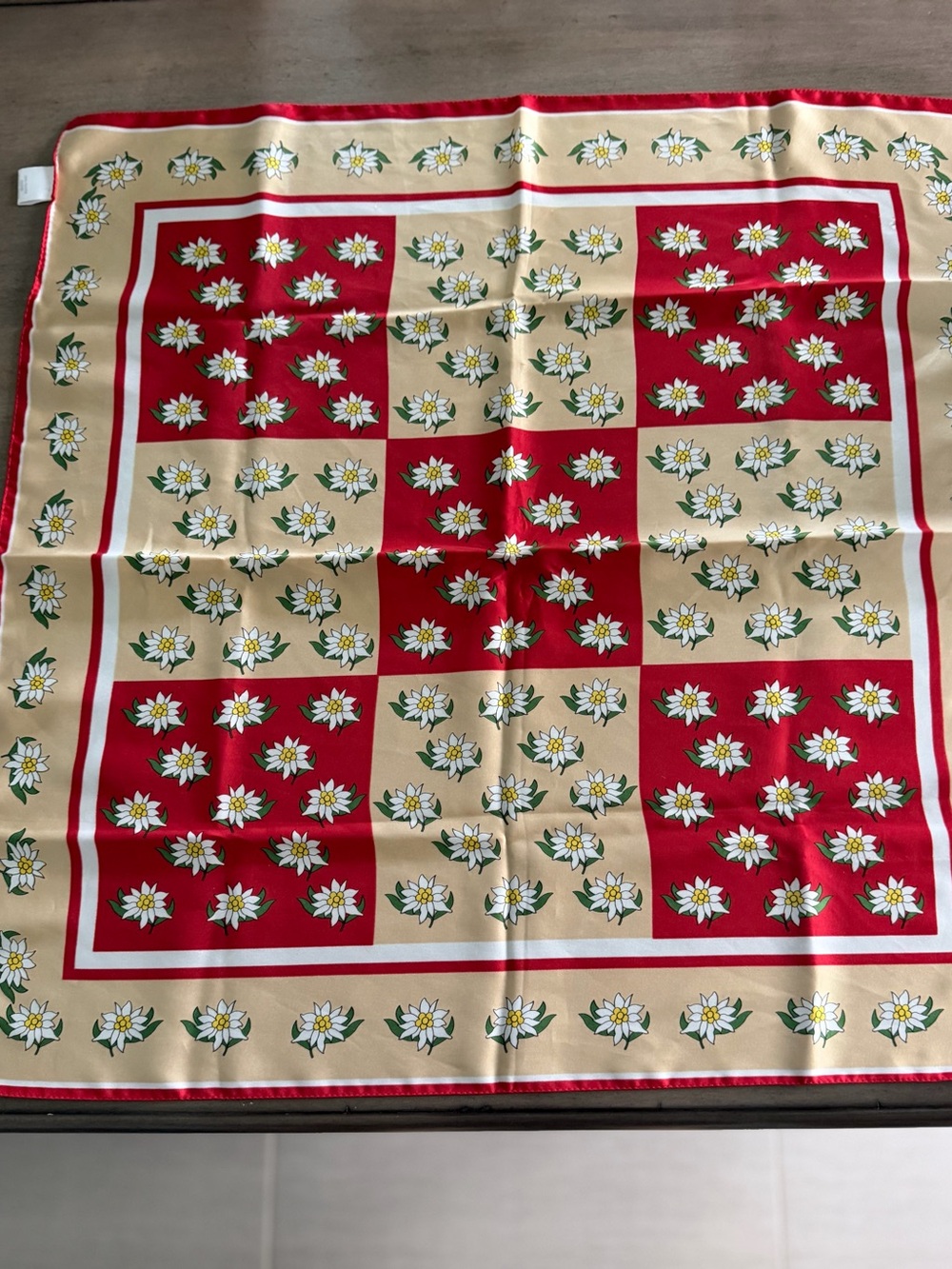 C&A Edelweiss Floral Scarf Red Cream Alpine Bavarian Square 23” Polyester